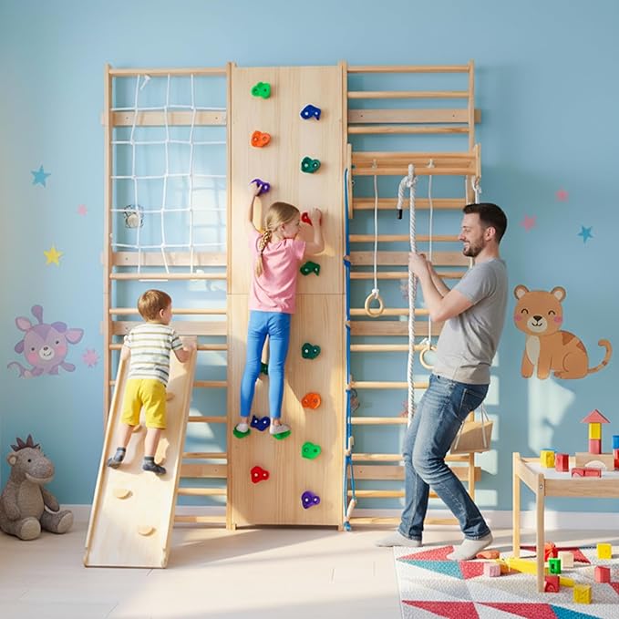 ZMAD Swedish Ladder Wall Gym & Climber – Featuring a Rock Climbing Wall, Wooden Swings, Gymnastic Rings, Rope Ladders, and Stretching Equipment for Indoor Playground， Spring 2026 (10-in-1)