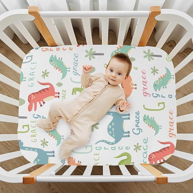 Customized Dinosaur Pack and Play Sheets for Baby Boys, Personalized Mini Crib Mattress Sheets with Monogram Name, Pack n Play Playard Fitted Sheet Playpen Sheet, Soft Breathable Stretchy
