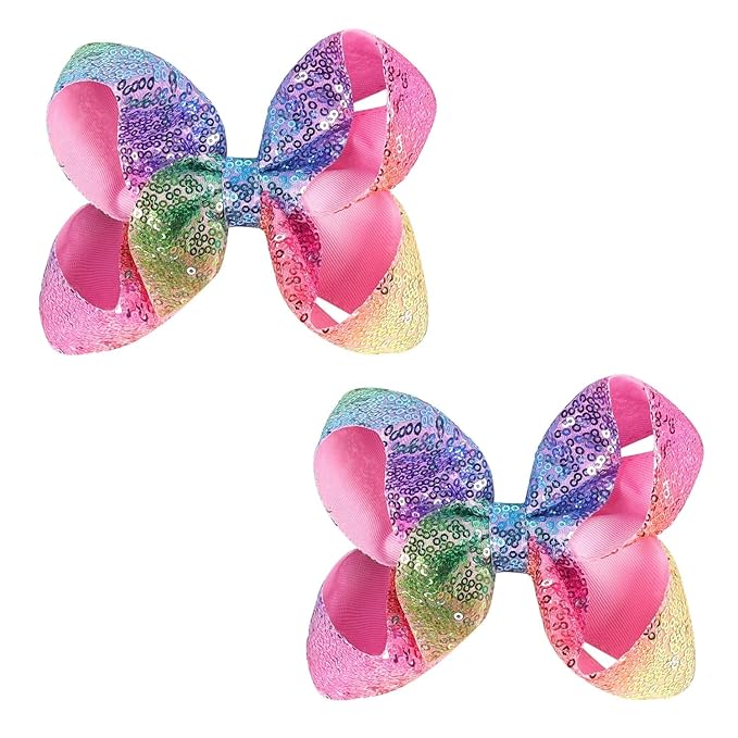 6 Inch Rainbow Sparkly Glitter Sequin Hair Bows for Girls Toddlers Kids Children Teenage (2PCS)