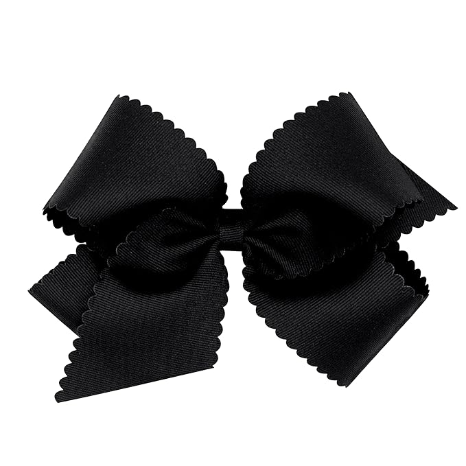 Wee Ones Girls' Classic Grosgrain Hair Bow with Scalloped Edges, No-Slip Hair Clip, Handmade, Black, King