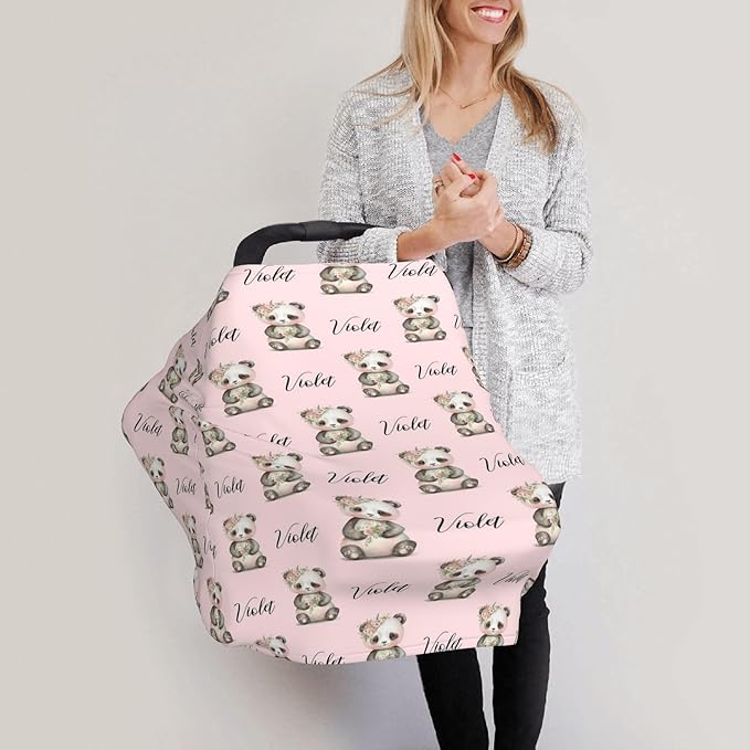 Personalized Panda Baby Car Seat Cover with Name,Multi-Use Canopy for Nursing, Strollers,Shopping Carts,Customized Breastfeeding Cover, Full Privacy,Infant Stroller Cover