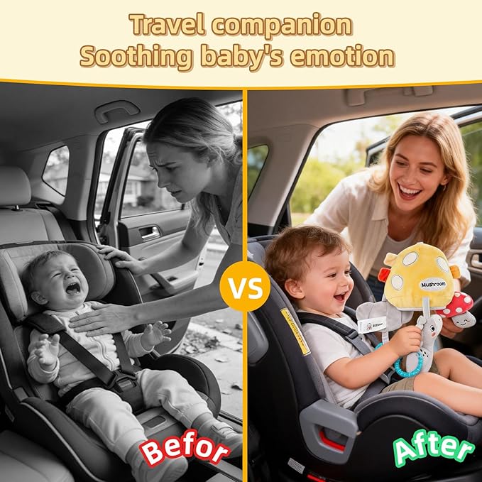 Musical Baby Pull Vibration Toy for Car Seat 6-12 Months, Travel Sensory Toy 3 Months, Montessori Plush Toys for Roadtrip with Crinkle Textures Flutter Squeaky Mirror Newborn Infant Gift