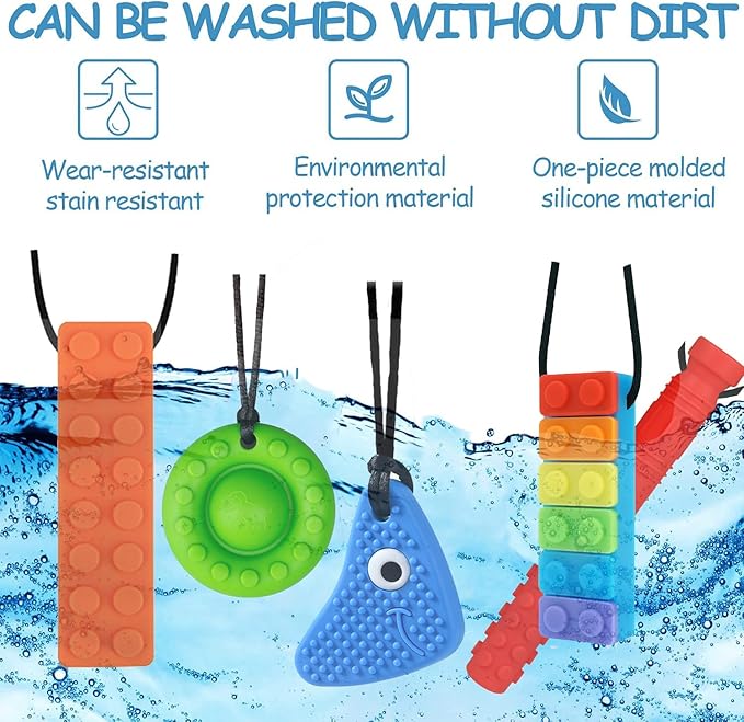 Chew Necklaces for Sensory Kids, 5 Pack Silicone Sensory Chew Toys Multi-Style Chewy Necklace Sensory Motor Aids, Different Textures Chewelry for Autism, ADHD, SPD, Sensory Needs Children and Adults