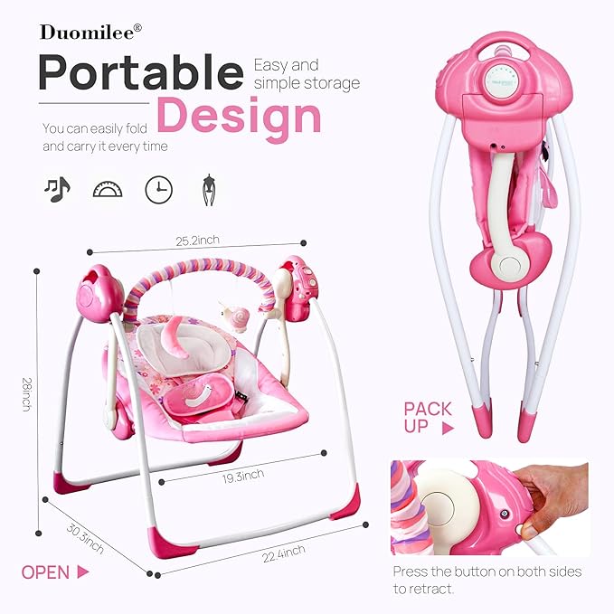 Baby Swings for Infants, Powered by Power Cord (Included) and Batteries for Indoor/Outdoor Use, Easy-Fold Infant Swing, Electric Baby Swing for 0-9 Months 6-25 lbs