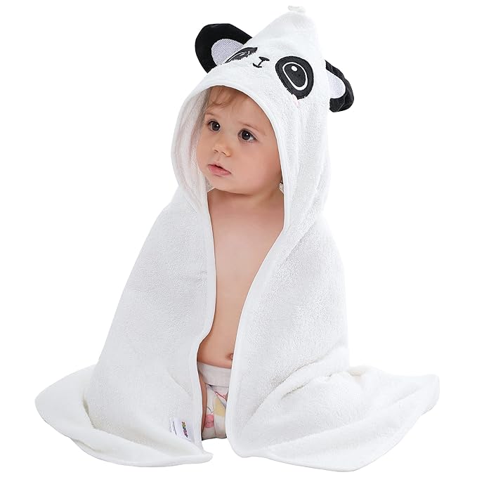 MICHLEY Bamboo Viscose Baby Hooded Bath Towel for Boys and Girls, 29.5 x 29.5 Inch Ultra-Soft and Quick-drying Infant Bathrobe (Panda)