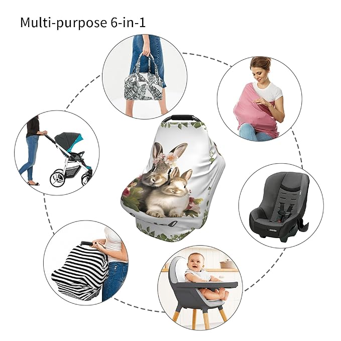 Personalized Car Seat Covers for Babies with Name – Multi-use Breastfeeding Cover Custom Rabbit Carseat Canopy Cover, Infant Stroller Covers for Boys and Girls