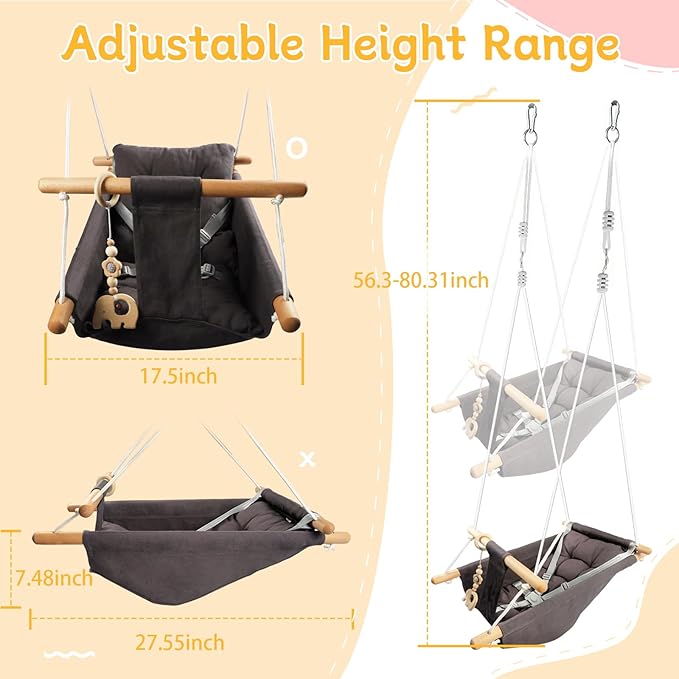 Baby Swing Outdoor Indoor for Infants to Toddlers, Portable Adjustable Baby Porch Swing with 5-Point Safety Belt, Kids Tree Hanging Chair Toys for Door Garden Backyard