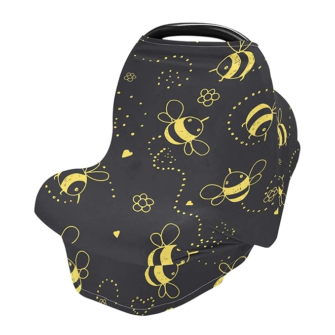Cartoon Cute Bee Flower Heart Pattern Doodle On Black Stretchy Baby Car Seat Cover Infant Canopy Nursing Covers Breastfeeding Cover Breathable Windproof Winter Scarf for Boys Girls