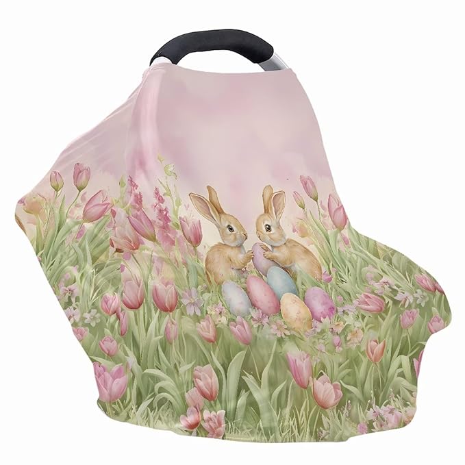 Biyejit Easter Multi-Use Cover: Car Seat Covers, Nursing Cover, and Stroller Cover for Sun - Stretchy Fabric, All-Season Use, Stylish Designs, Easy Access for Moms, Tulip Bunny Rabbits