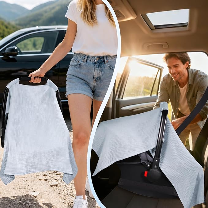 Car Seat Cover Baby, Soft Muslin Cotton Baby Car Seat Cover, Lightweight Breathable Infant Carseat Cover for Sunshade and Privacy, Car Seat Covers for Babies (Dusty Blue)