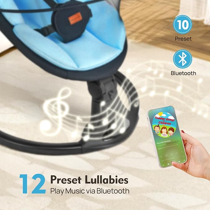 Baby Swing for Infants, Bluetooth Electric Infant Swing with 5 Speed Motions, 12 Soothing Melodies & Remote Control, Portable for Newborns 0-9 Months (Max 20 lbs, Blue)