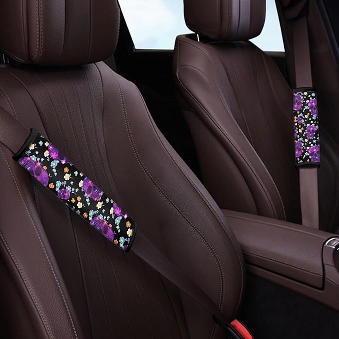 Retro Skull Print Car Seat Belt Cute Floral Pattern Comfortable Soft Shoulder Pad Gothic Skeleton More Comfort Driving Universal Car Interior Accessories Fit Car/Truck/SUV