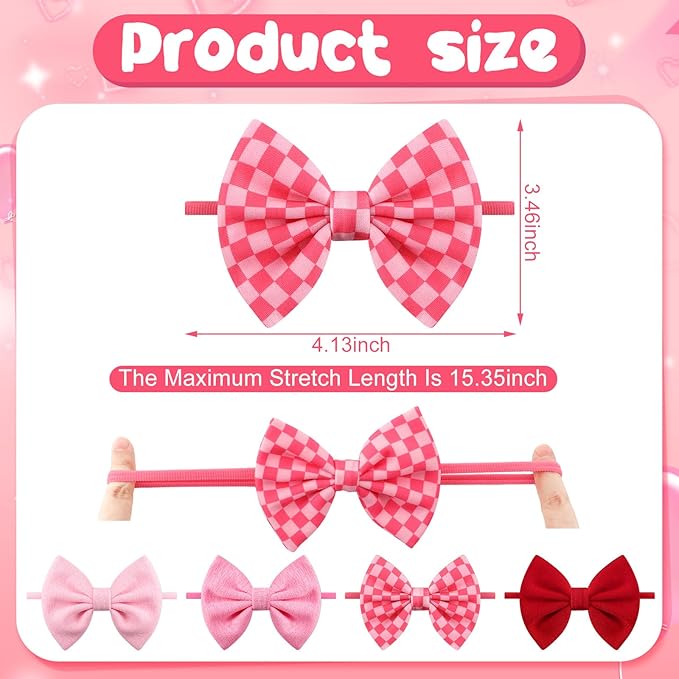 4 Pcs Valentines Baby Bow Headbands, Red Pink Bow Headband Soft Nylon Handmade Hair Accessories for Baby Infants Toddlers Child