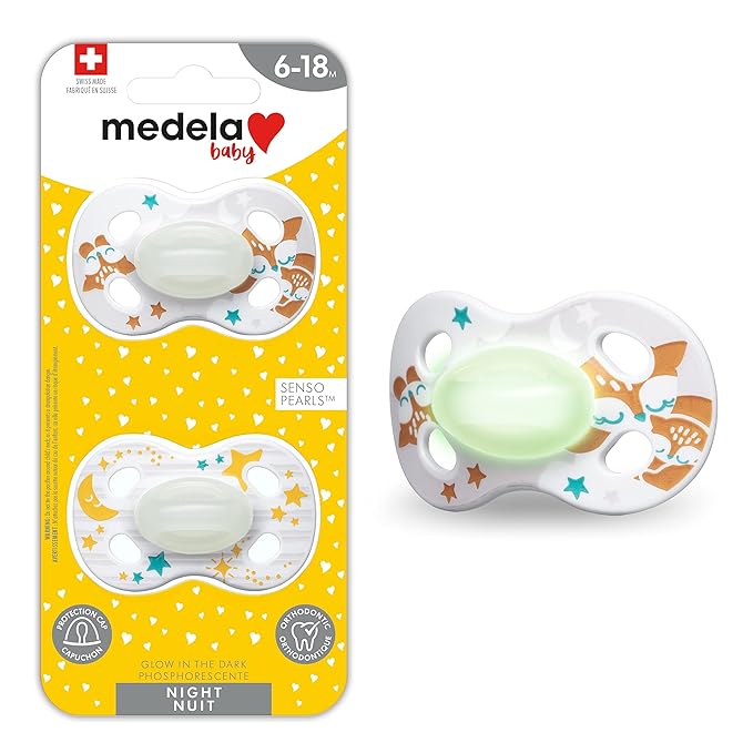 Medela Baby Pacifier | Night - Glow in The Dark | 6-18 Months | 2-Count | Lightweight | BPA-Free | Foxes and Moon with Stars