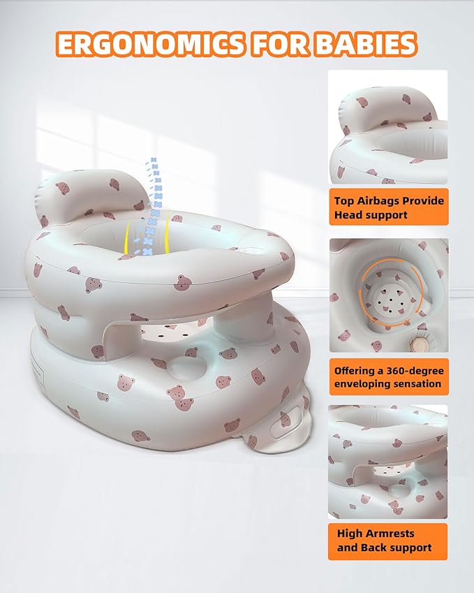 AGITVPS Inflatable Baby Seat for Babies 3-36 Months, Built in Air Pump Baby Chair Sit Me up Floor Seat for Baby, Bumbo Seat for Learning to Sit, Feeding, Camping (Bear-Surround)
