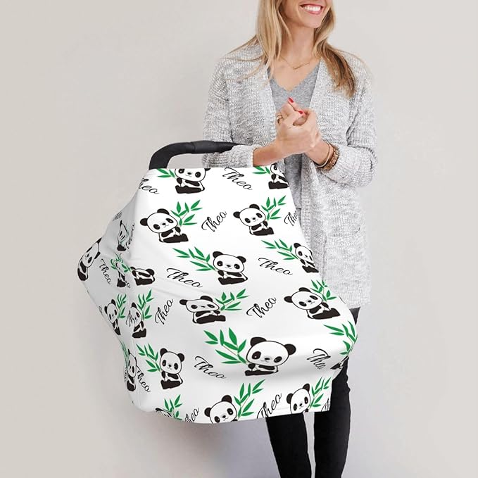 Personalized Baby Car Seat Cover for Boys Girls, Custom Panda Nursing Covers for Breastfeeding with Name, Infant Stroller Cover, Baby Carseat Canopy for Newborn, Multiuse Car Seat Canopies