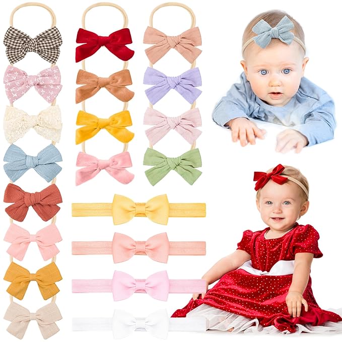 20 Pack Baby Girls Hair Bows Headbands Nylon Elastic Hair Bands Ribbon Bow Hair Accessories for Newborns Infants Toddlers Photo Props