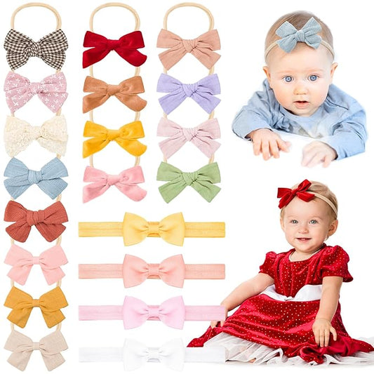 20 Pack Baby Girls Hair Bows Headbands Nylon Elastic Hair Bands Ribbon Bow Hair Accessories for Newborns Infants Toddlers Photo Props