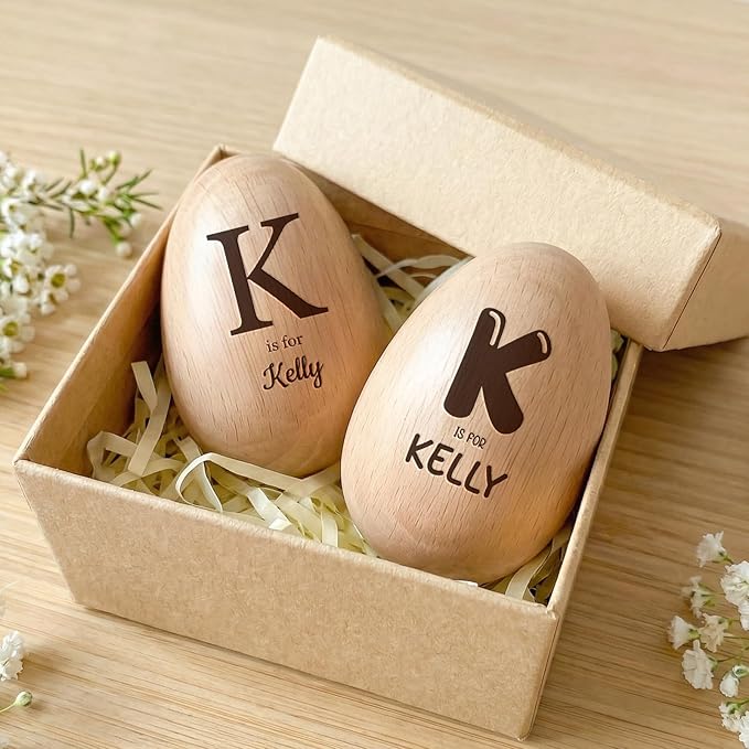 Custom Musical Easter Egg Shaker with Engraved Name and Initial, Wooden Easter Egg Basket Stuffers for Kids, Fake Eggs for Egg Hunt Prize Decor Party Baptism Gift