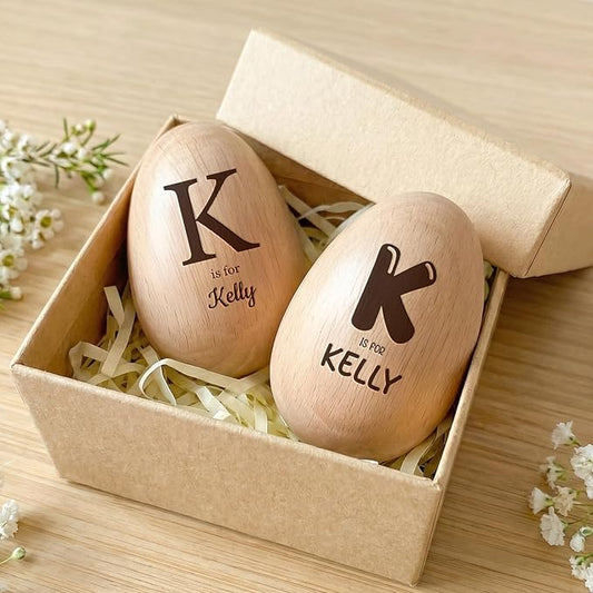 Custom Musical Easter Egg Shaker with Engraved Name and Initial, Wooden Easter Egg Basket Stuffers for Kids, Fake Eggs for Egg Hunt Prize Decor Party Baptism Gift