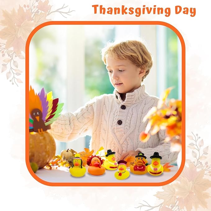 4E's Novelty Thanksgiving Rubber Duckies (24 Pack) Thanksgiving Themed Rubber Ducks Bulk Turkey & Pilgrim Ducks, Thanksgiving Party Favors Supplies for Kids Adults, Table Centerpiece, Bath Toys