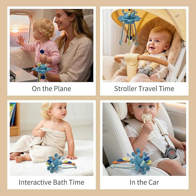 Little Rawr Silicone Baby Sensory Montessori Toys & Pull String Toys for 18 M+, Toddler Birthday Gift Car Seat Airplane Travel for 1 2 Year Old Boy Girl Infant 18 Months Old (Blue)