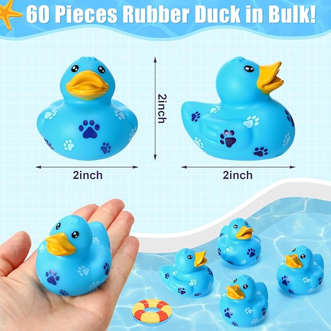 60 Pcs Blue Dog Paw Party Favors - 2 Inch Rubber Duck in Bulk Mini Duckies for Ducking, Tiny Ducks for Kids Birthday Party Gifts Baby Shower Bath Time Piñata Fillers Gift Bag Stuffers