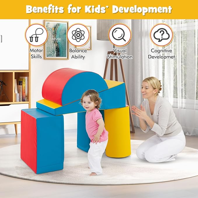 HONEY JOY 5-Piece Climb and Crawl Playset, Soft Climbing Foam Block Activity Play Structure Gym Equipment for Infant Baby, Color Coordination, Waterproof Indoor Climbing Toys for Toddlers (Red)