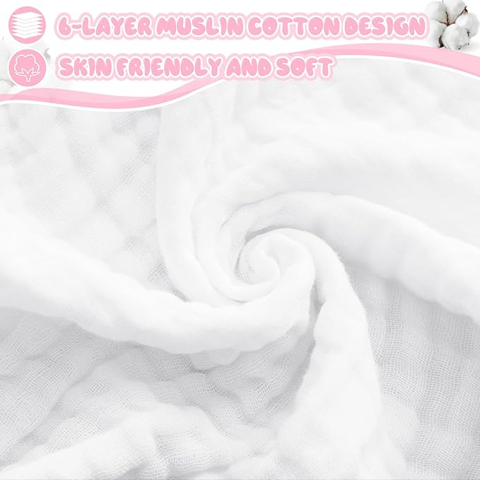 Preboun 3 Pcs Muslin Baby Hooded Towels Cotton Absorbent 6 Layers Cute Bath Toddler Towels for Newborn Kids Girl Infant Boys Toddler Shower Gift Supplies (Grey,Pink,White)