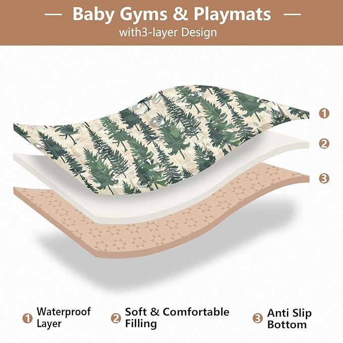 Baby Play Mat Pine Cypress Trees Green 50 x 50 Playpen Mat Baby Play Mats for Floor Play Gym Crawling Mat Non-Slip Cushioned Baby Playmat for Infants, Babies, Toddlers