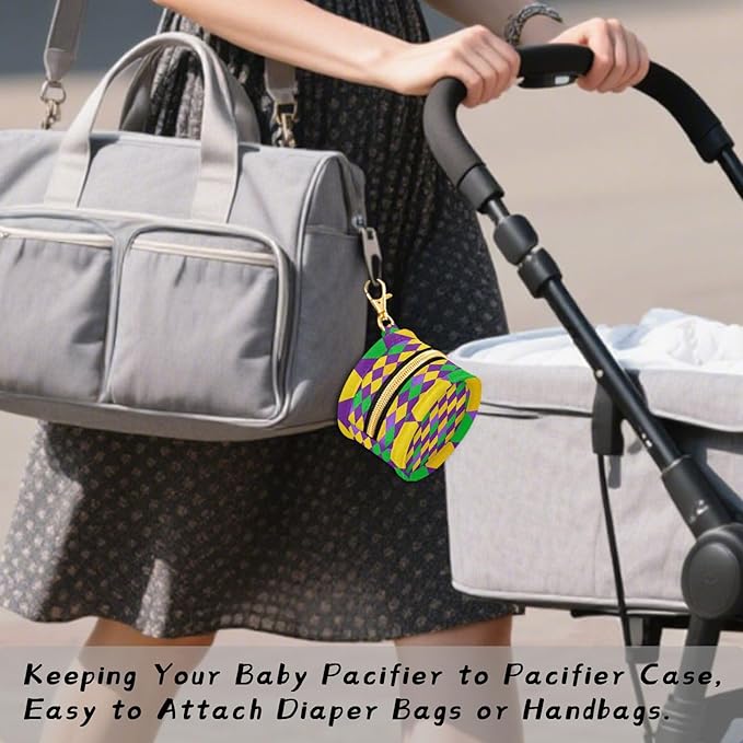 Pacifier Holder with Clip Pacifier Case for Diaper Bag Round Baby Pacifier Pouch Box Bag Portable Mardi Gras Argyle Purple