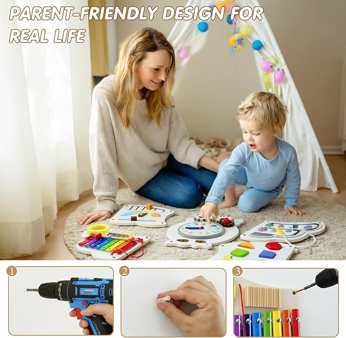 Owl Activity Wall ToysBusy Board, Wooden Montessori Sensory Toys, Learning Activity Center for Playroom,Daycare, Nursery, Classroom, Educational Toys for Toddler