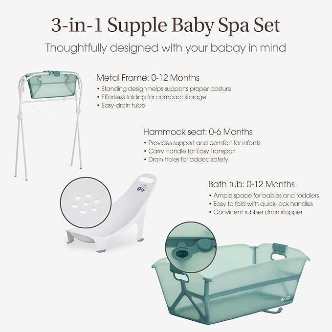 Evolur Supple Baby Spa Set with Infant Bathtub, Hammock Support Seat & Metal Frame, Newborn Tub for 0–12 Months, Complete Baby Care Essentials Gift Set for New Parents, Green