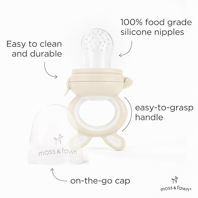 Moss and Fawn Little Explorer Kit - Silicone Frozen Breast Milk Popsicle Kit with Forage Feeder, Teething Popsicle Ice Cube Tray, & Gather & Roll Baby Feeding Bib - BPA, PVC, & Lead-Free - Ecru