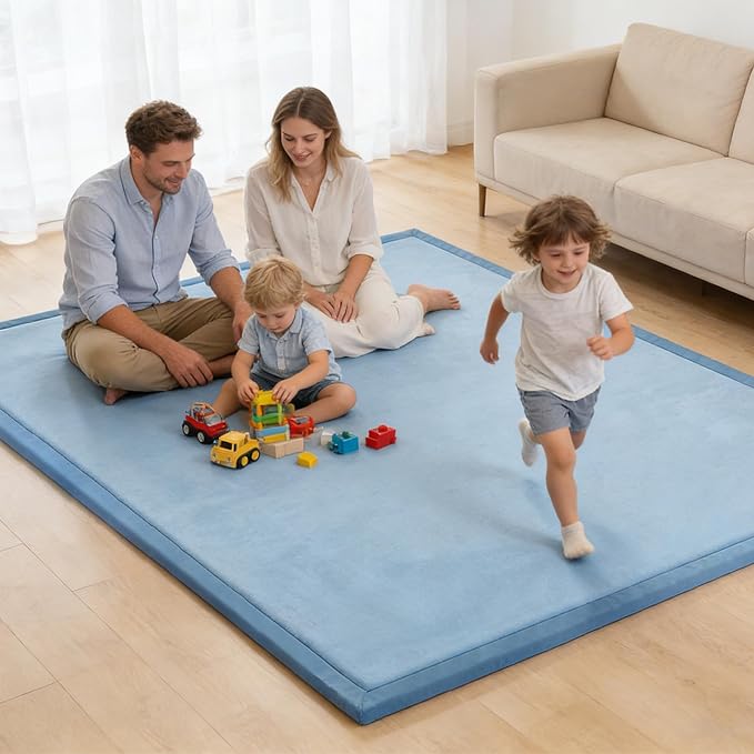 Baby Play Mat for Floor, 1.3 Inch Thick Memory Foam Tummy Time Mat with Non Slip Backing, Soft Coral Velvet 71X79 Inch Playpen Mat Crawling Tatami for Infants Toddlers Kids, Midnight Blue