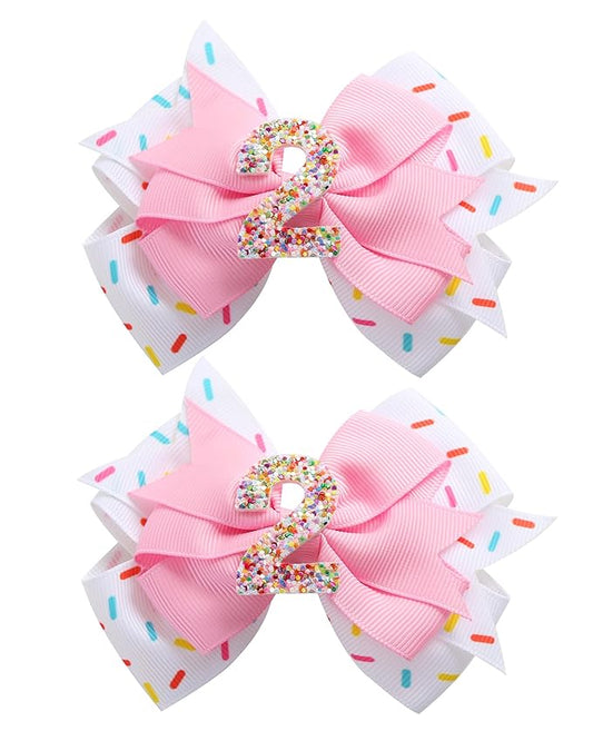 2Pcs Birthday Hair Bow for Baby Girls 2 3 4 5 6 7 Years Sprinkle Decorations Confetti Ice Cream Party Pink Pigtail Hair Accessories for Two 2nd Second Birthday