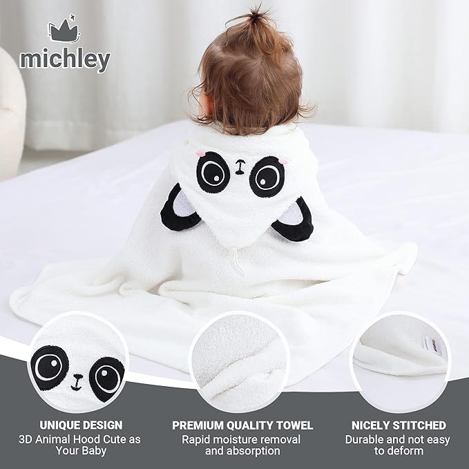 MICHLEY Bamboo Viscose Baby Hooded Bath Towel for Boys and Girls, 29.5 x 29.5 Inch Ultra-Soft and Quick-drying Infant Bathrobe (Panda)