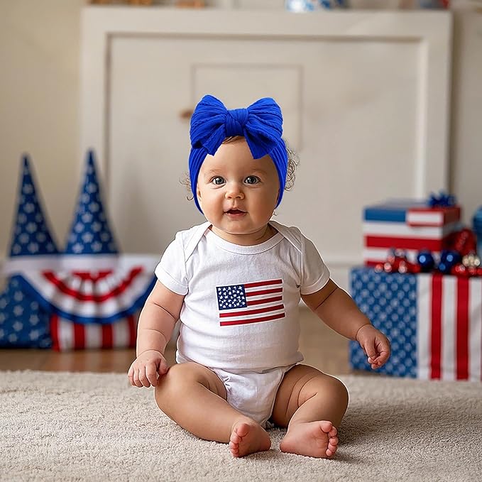 LemonSpace Handmade Headband for 4th of July Blue Baby Bow Newborn Accessories Infant Girls Hair Bows Red White and Blue Stretchy Soft Nylon Baby girl Bows Newborn Toddlers Headwrap