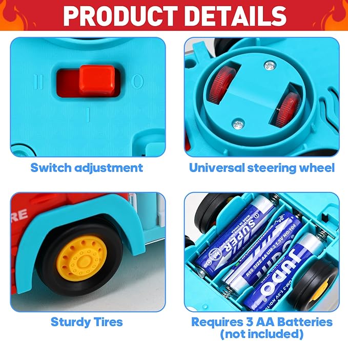Fire Trucks for Toddlers 3-5, Light Up Sensory Car Toy for Kids, LED Transparent Bump Car with Rotating Gear, Cool Lights and Musical, Educational Crawling Toy for Baby, Birthday Gift for Boys Girls
