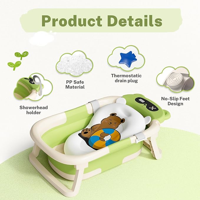 AVIDOR Baby Bathtub,Collapsible Bathtub for Newborn to Toddler,Durable Essential Infant Bath Tub,Portable Travel Baby Tub with Soft Cushion,No-Slip Hanging and Detachable(Green)