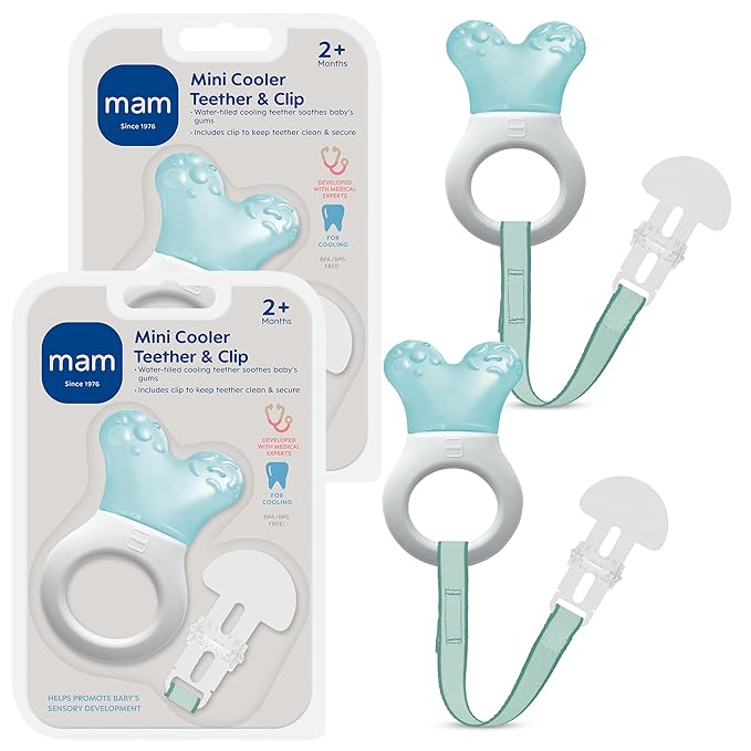 MAM Mini Cooler Baby Teether with Clip (2 Pack) – Cooling Teething Rings for Teething Relief, Lightweight Easy-Grip Design, Reaches Back Teeth, Refrigerator Safe Infant Teething Toy