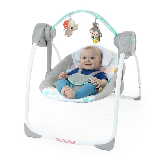 Bright Starts Portable Automatic 6-Speed Baby Swing with Adaptable Speed, Taggies, Music, Removable-Toy-Bar, 0-9 Months 6-20 lbs (Whimsical Wild)
