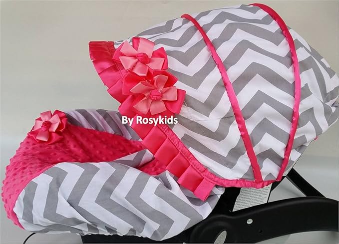 Rosy Kids Infant Carseat Canopy Cover 4pc Whole Caboodle, Baby Car Seat Cover Baby Blanket Outdoor Kit, Cotton Chevron Print, Hot Pink