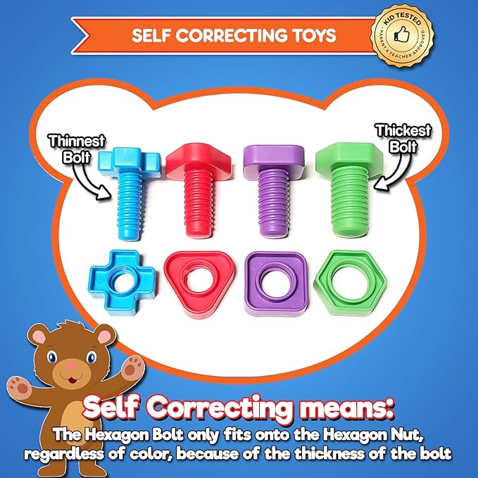 Jumbo Beads & Bolts Game Set - 2-in-1 Fine Motor Matching Educational Stringing & Twisting Toys for Toddlers with 12 pc Lacing Beads and 12 pc Nuts & Bolts, Toy Storage & Learning Activities eBook