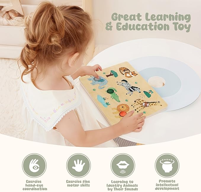 Freniland Press-to-Play Wild Animal Sound Puzzle for Toddlers, Wooden Safari Sound Board with Push Buttons, Montessori Learning Toy for 18M+