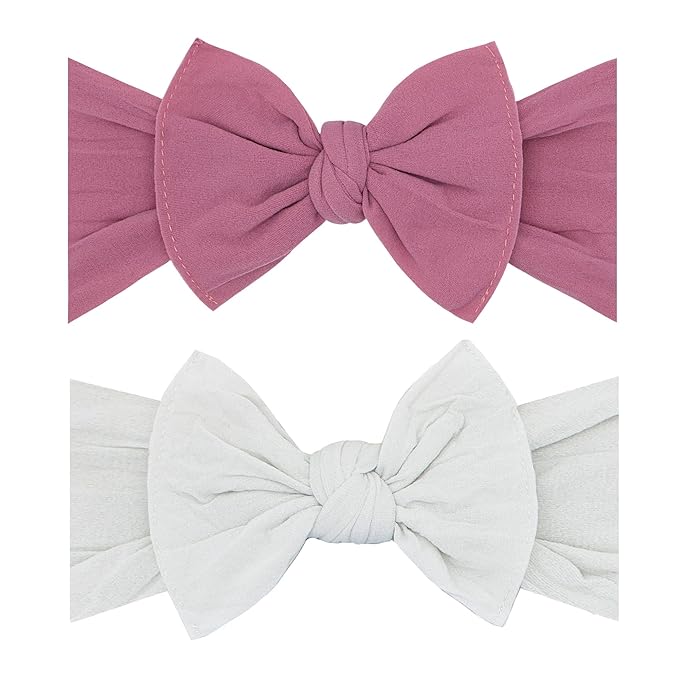 Baby Bling Bows - Newborn to Little Baby Girl Bows, 2 Pack Nylon Super Soft Stretchy Knot Toddler Headbands, Perfect Hair Accessories Head Bands for Infant Kids(Mauve & Ash)