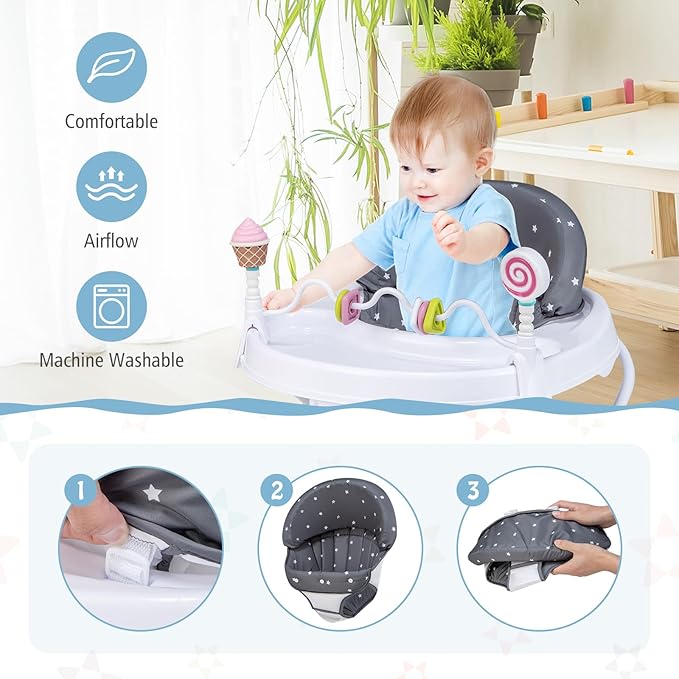 HONEY JOY Baby Walker, Foldable Toddler Walker with Toys, Push Walker for Boys and Girls, Adjustable Height, High Back Padded Seat, Infant Activity Walker with Wheels (Gray)