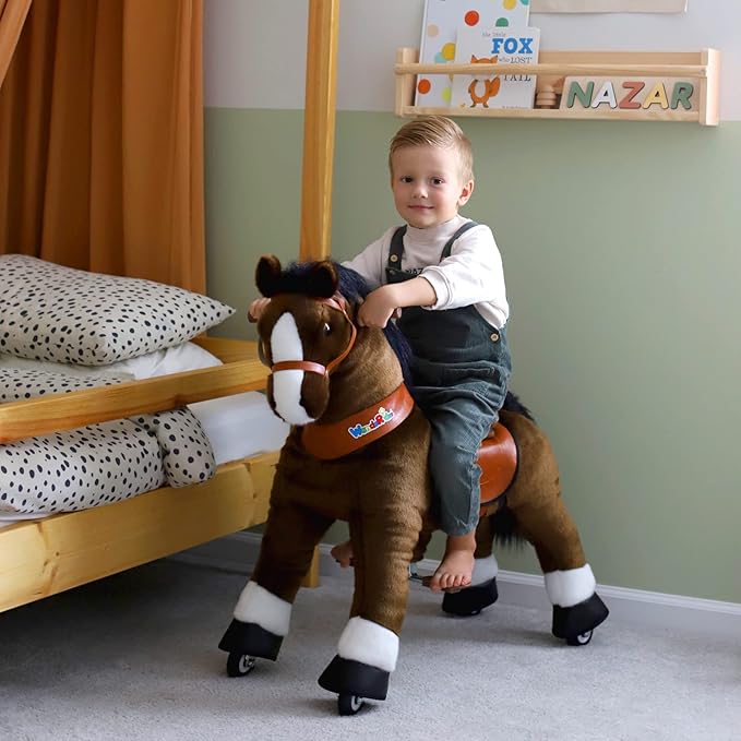 WondeRides Ride on Horse Pony Chocolate Riding Horse Toys Pony Ride Size 4 for Kids Toddlers Age 4-9, 36 inch Height Plush Walking Animal Mechanical Rocking Horse with Wheels No Battery