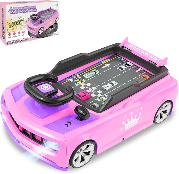 Musical Steering Wheel Racing Car Toy, Racing Adventure Car Steering Wheel for Toddler Kids, Toddler Simulated Driving Game Cars with Sound and Light, Xmas Birthday Gifts for Kids Ages 3+ (Pink)