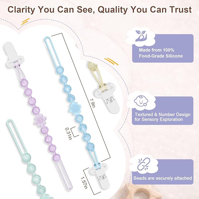 Silicone Pacifier Clip Holder with One-Piece Beads, 4 Packs Soft Flexible and Rust-Free Binky Pacifiers Clips for Teething Relief Baby Essentials Accessories, Safe for Boy and Girl